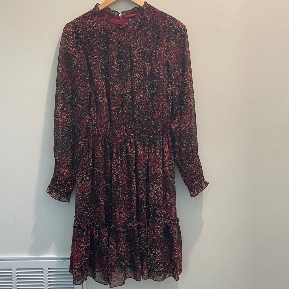 Taylor Womens Size 6 Burgundy Abstract Print Smocked Mock Neck Chiffon Dress